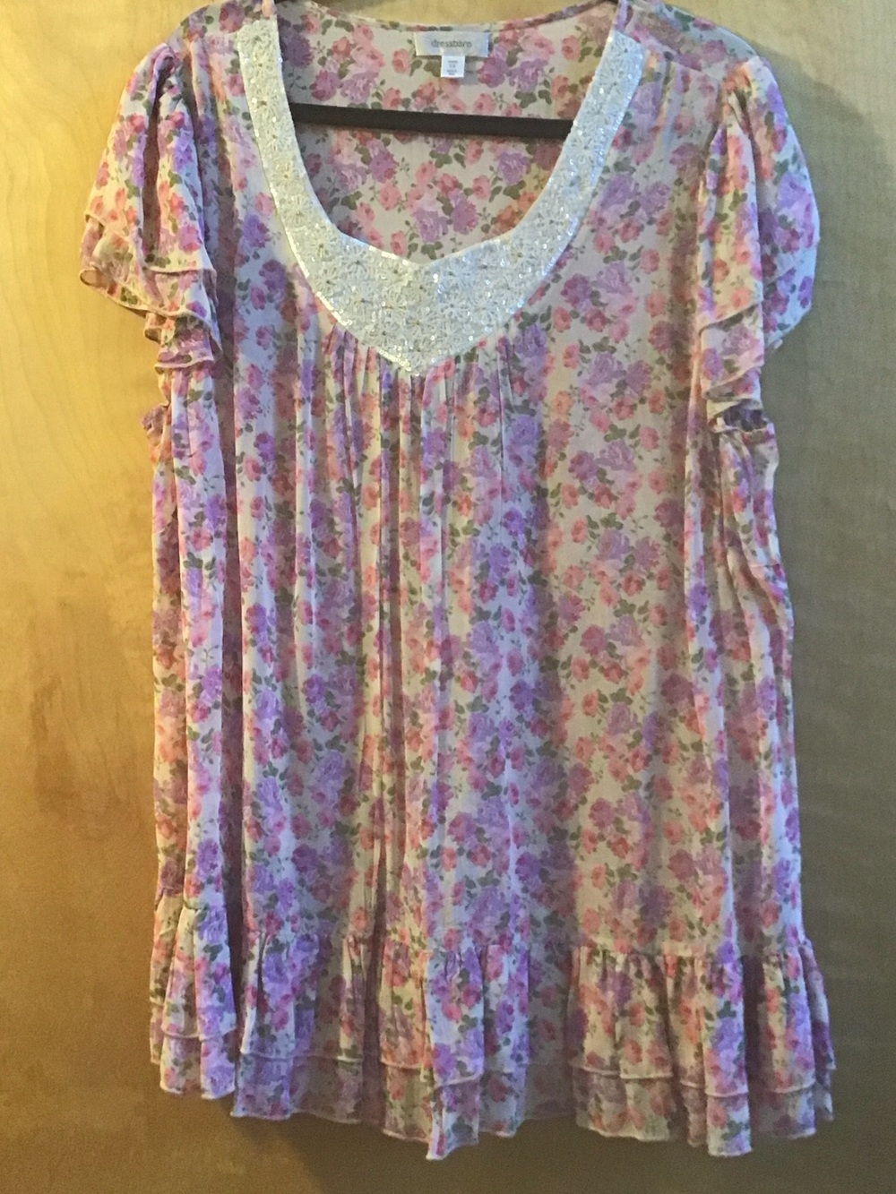 Dress Barn Pink Floral Beaded Scoop Neck Blouse